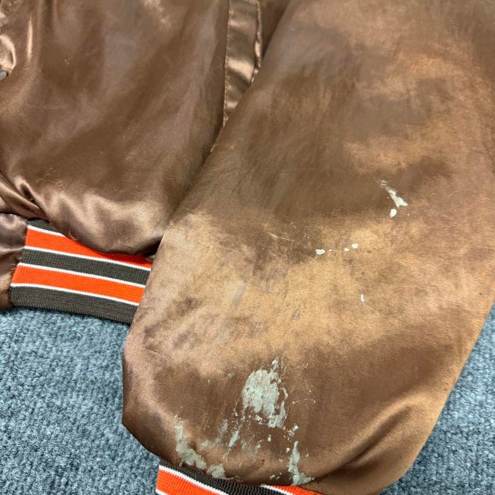 Vintage 90s Cleveland Browns NFL Paint Splatter Satin Bomber Jacket Mens L - Picture 2 of 8